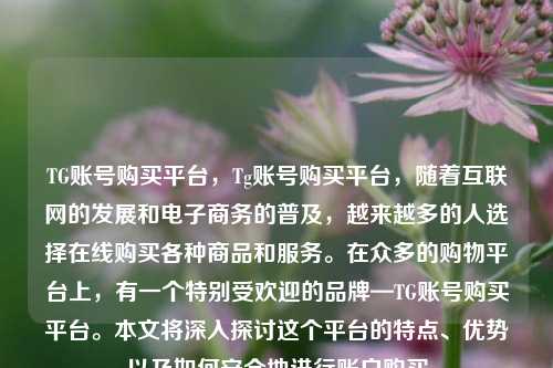 TG账号购买平台，Tg账号购买平台，随着互联网的发展和电子商务的普及，越来越多的人选择在线购买各种商品和服务。在众多的购物平台上，有一个特别受欢迎的品牌—TG账号购买平台。本文将深入探讨这个平台的特点、优势以及如何安全地进行账户购买